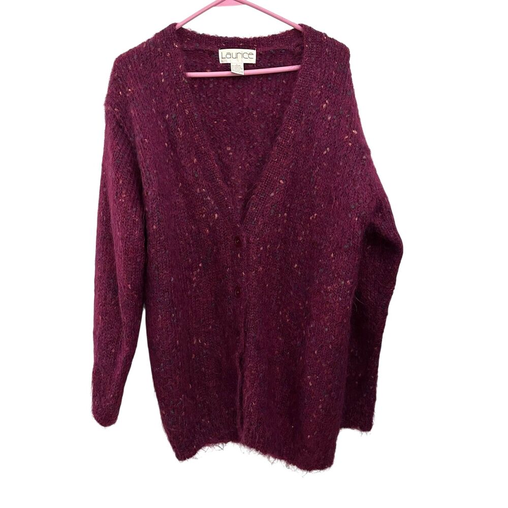 Laurice Purple‎ Vintage Mohair Fuzzy Button Up Cardigan Sweater Size L